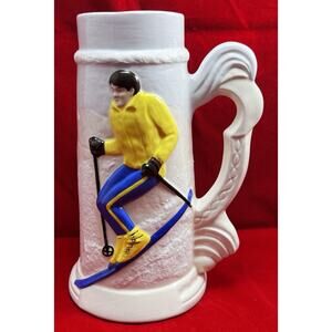 VINTAGE MUG HAND MADE PAINTED STEIN SKIER. *PRE-OWNED*. 1980